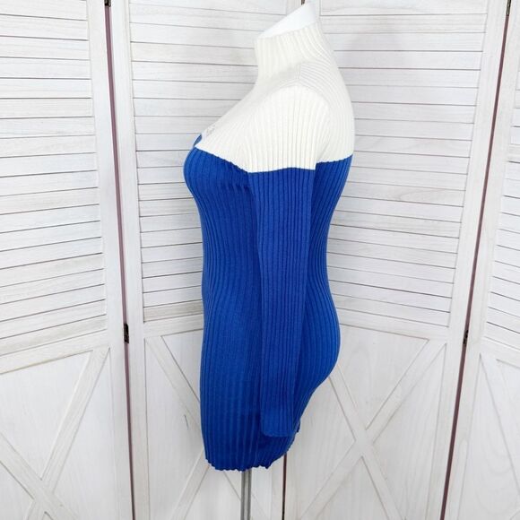 Bebe Surf The Web Rhinestone Logo Ribbed Knit Sweater Dress Blue Ivory XL - Picture 2 of 11